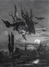 Witch flying through the night on a staff, full moon over a farmhouse, witchcraft magic, 1800,