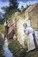 Old woman listening to couple, farmer with scythe and farmer's wife with water jug.