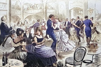 Honorary ball, distinguished society, men and women at a dance.