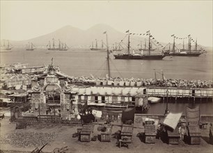 Santa Lucia overlooking the gulf and Vesuvius, 1860, Naples, Italy, Historic, digitally restored