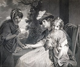 fortune teller reads the hand of a woman with a little girl on her lap, 1786, England, Historic,