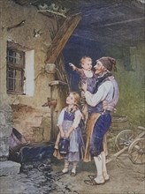 Farmer shows the children the nest-building swallows.