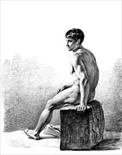 Man sitting naked, Nude, Man sitting on a block, sideways, Historic, digitally restored