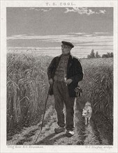 Farmer with a pipe and wooden shoes in a grain field, looking contentedly at the well-grown plants,