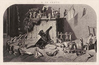 Mouse Party, 1861, The cat has fallen into a trap and the exuberant mice are dancing around it,