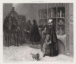 Poor People and Rich People on the Street, 1863, the rich woman looks at the display in a shop, the