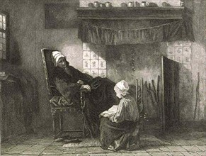 Old woman in an armchair in front of a fireplace, girl reading from a book, 1850, Historic,