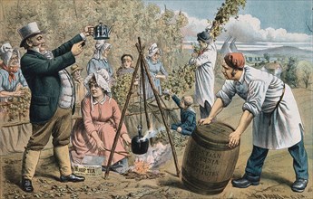 John Bull preparing hop tea in front of a hop grower and his workers.