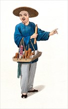 A Chinese apothecary carrying a basket of various remedies.