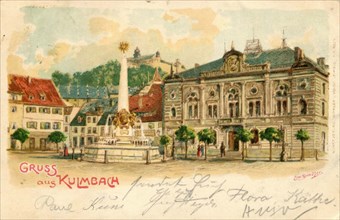 Old picture postcard from Kulmbach with the market place and the Plassenburg, around 1910, Upper