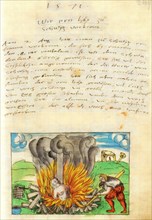 How a witch is burned in Switzerland, instruction from 1571. Witch is naked and shaven tied to a