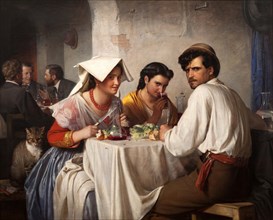 In front of a Roman osteria, man sitting with two women at a table eating, the women flirting with