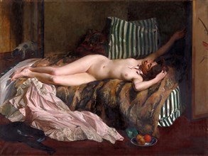 Young woman lying naked on the bed, costume and dress lying in front of the bed after a masquerade