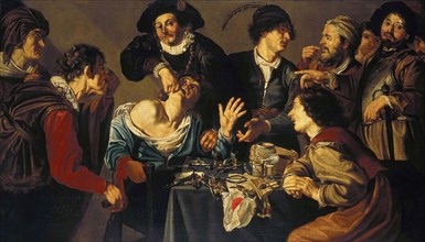 A dentist pulling a tooth, c. 1620, Netherlands, Painting by Theodoor Rombouts, Historic, Digitally