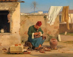 Shoemaker on the street, cobbler with many individual shoes, in Greece in 1840, Historical,