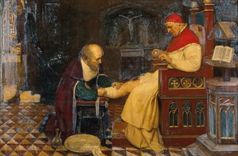 Guy de Chauliac bandages the leg of Pope Clement VII in Avignon while Petrarch, his enemy, jealous