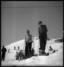 Skiers at the start hut of the Lauberhorn ski race, 1946.