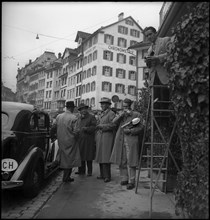 Press waiting in St. Gall for the arrival of King Leopold of Belgium, 1945