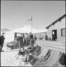 Winter tourists on the sun terrace, Piz Nair 1962.