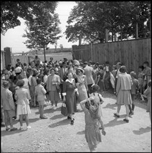 Demonstration of textile workers; Before beginning;  1952.