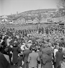 Military brass band; outdoor appearance; 1942.