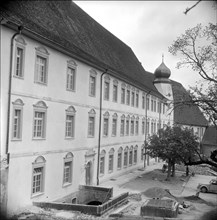 Porrentruy Castle during renovation, 1960.