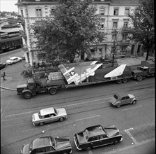 Lorry transporting a Mirage bomber plane through Basle 1964.