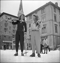 Duchess Cayeta of Alba with ski teacher. St. Moritz 1946