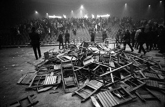 Fans smash chairs at Rolling Stones concert at Hallenstadion, Zurich 1967.