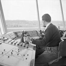 Air traffic controller in the tower, airport Zurich-Kloten around 1956