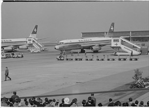 Swissair planes at the airport Zurich-Kloten, 1968