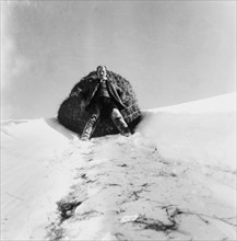 Mountain farmer pulling hay down into the valley, around 1960