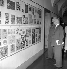 Emil Landolt visiting exhibition Swiss youth paint and draw. Zurich 1957