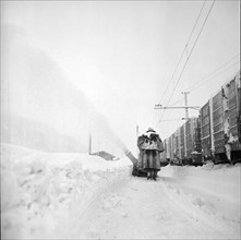 Man using a snow blower in Davos, 1951