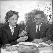 Jeannette Altwegg and Marc Wirz beating eggs. Berne 1954