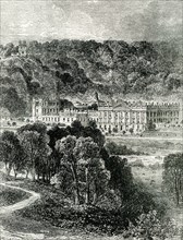 The illustration shows Chatsworth, the Palace of the Peak district in England. Chatsworth House is