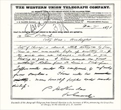 The 1896 caption reads: 'Facsimile of the Autograph Telegram from General Sheridan to Secretary of