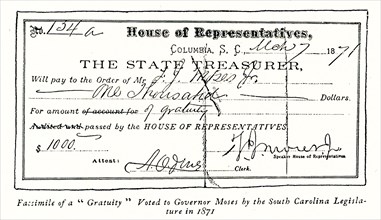 The 1896 caption reads: Facsimile of a 'gratuity' voted to Governor Moses by South Carolina