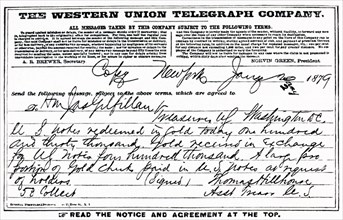 Telegram of Resumption at New York Sub-Treasury