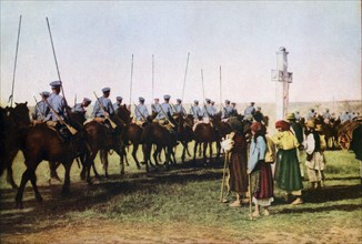 This illustration from World War I shows the Russian cavalry retreating after defeat by Germans.