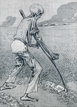 This illustration, a caricature, dates to 1917. It shows 'Death' with a sickle, mowing down