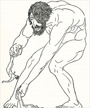 This 1918 image illustrates the Cyclops named Polyphemus preparuing to eat two of Odysseus’s men.