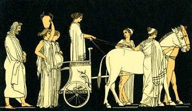 In this 1880s illustration, the Greek hero Odysseus is shown following the car of Nausicaa.