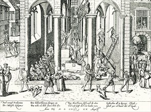 This engraving show the plundering and destruction of a church in Europe in 1579, at the time of