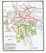 This map shows The Aetolian and Achaean Leagues about 229 BC. The legend reads: Pink: Aetolians;