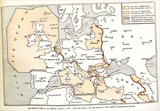 Battle lines on all fronts August 1, 1917. The map shows also the extent of the German submarine