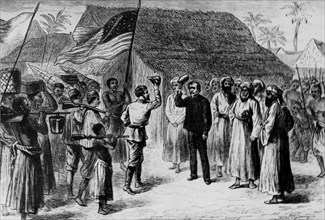 Henry Morton Stanley meeting David Livingstone in Africa.