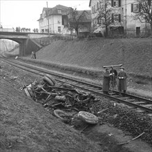 Fall of a german truck upon railway track because of speeding, 1957.