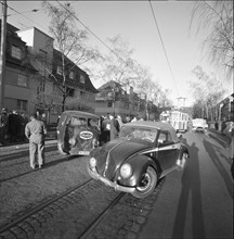 Tram traffic interrupt ba two cars damaged in an accident, Zurich 1958.