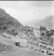 Muhlehorn GL, Road on the left shores of the Walensee under construction, 1957.